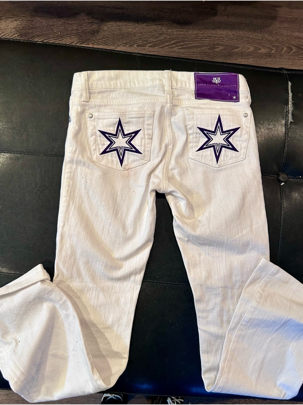 Victoria Beckham White Flare Jeans with Purple Star Pockets